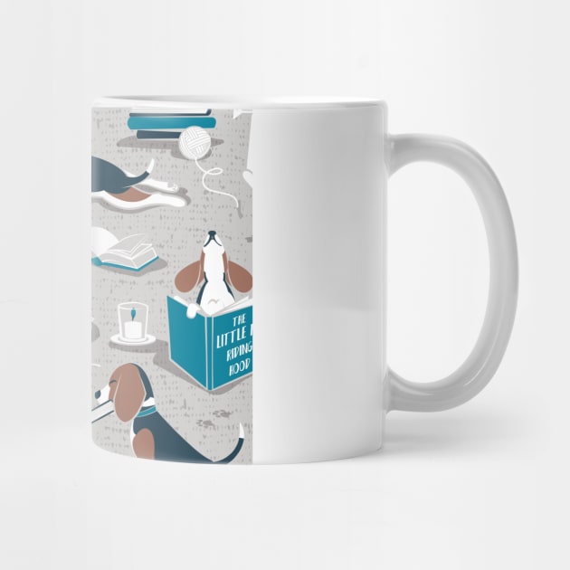 Life is better with books a hot drink and a friend // pattern // grey background brown white and blue beagles and cats and turquoise cozy details by SelmaCardoso